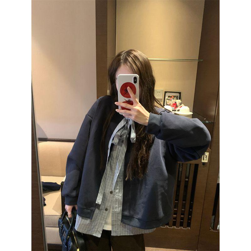 

Kumikumi Stylish Fake Two-Piece Plaid Stitching Sweaters Women s Clothing Fall Loose Slimming and All-Matching Anti-Aging Top Ulan L