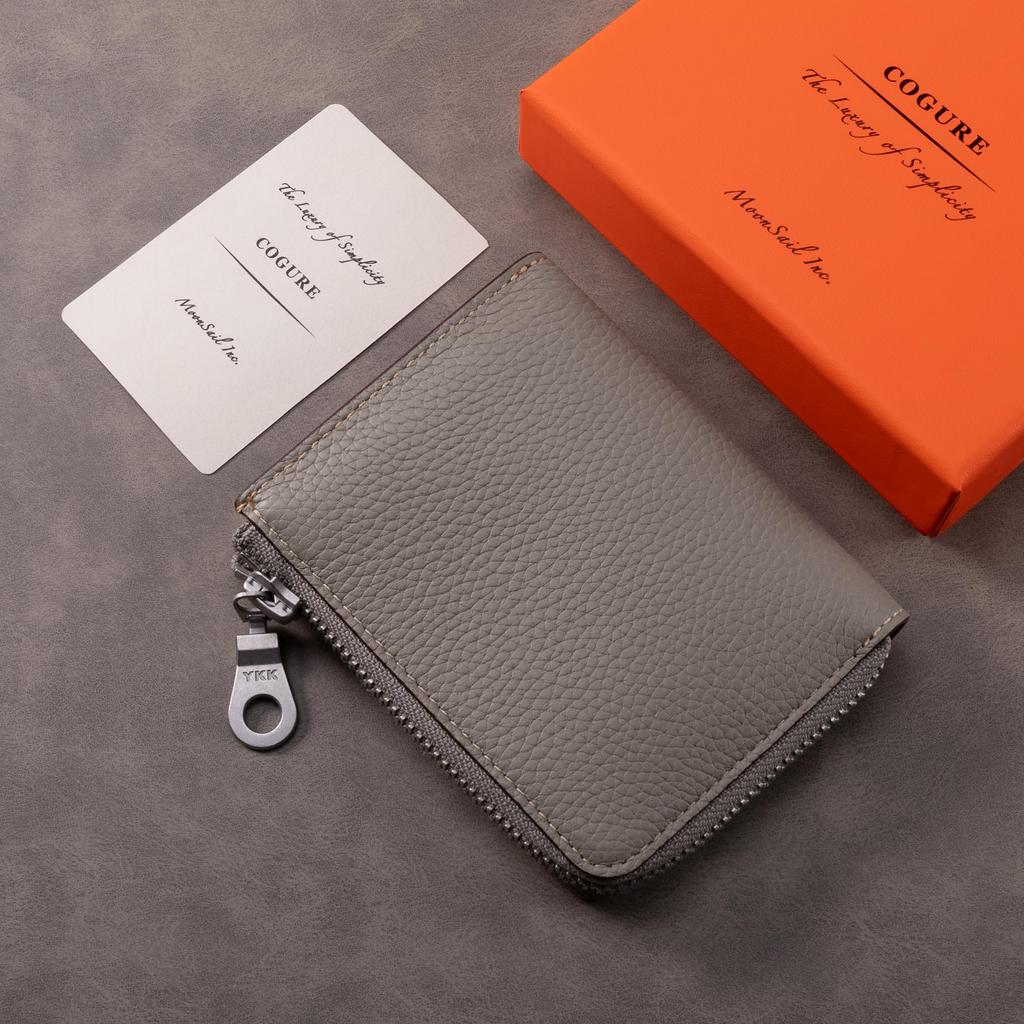 COGURE Wallet for Men and Genuine Mini Brand Bill Coin Card Includes Greige L-Zip Women, Leather, Small, Compact, Wallet, Name, Compartment, Purse,