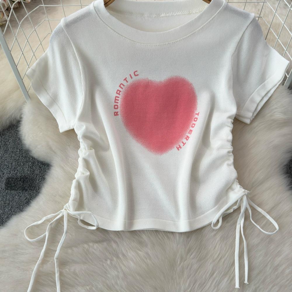 Summer New Heart Design Sweet Tops Spice Girl Round Neck Love Printing Drawstring T-shirt Casual Women Short Sleeve Fashion Blouse