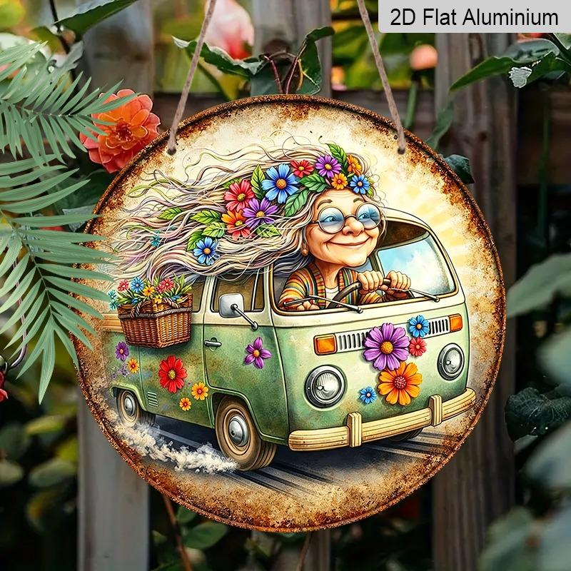 2D Flat Aluminum Colorful Floral Hippie Grandma Decorative Plaque and Ornament. Bohemian-style Flower Cart Wall Decoration, Suitable for Porches