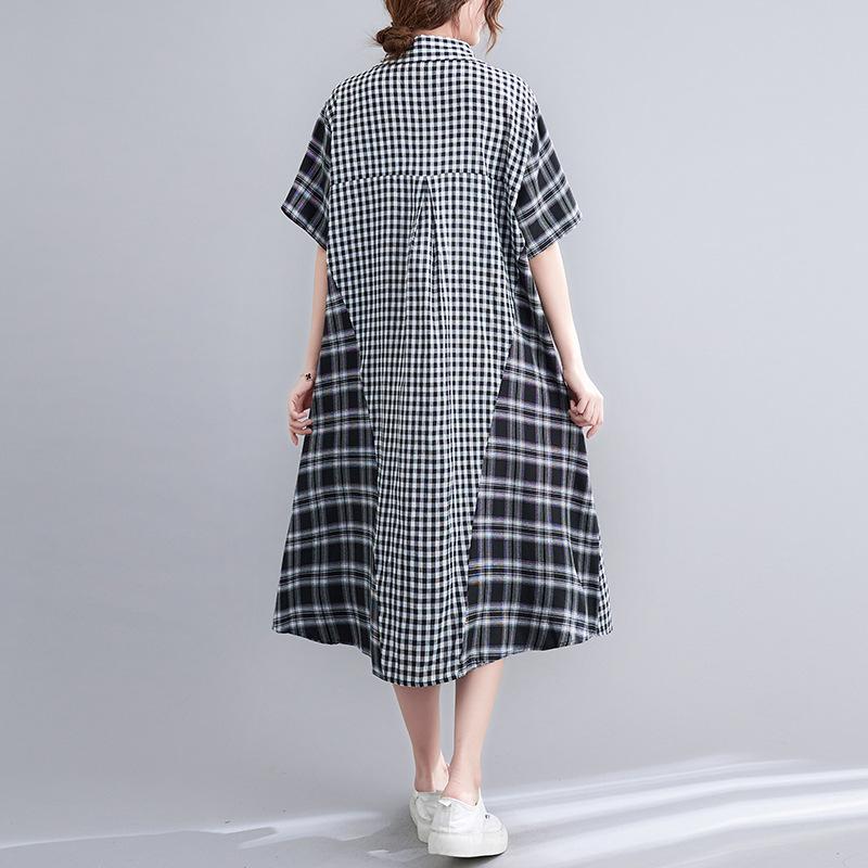 Summer Loose Plus Size Patchwork Medium Long Checkered Shirt Skirt for Women Dresses