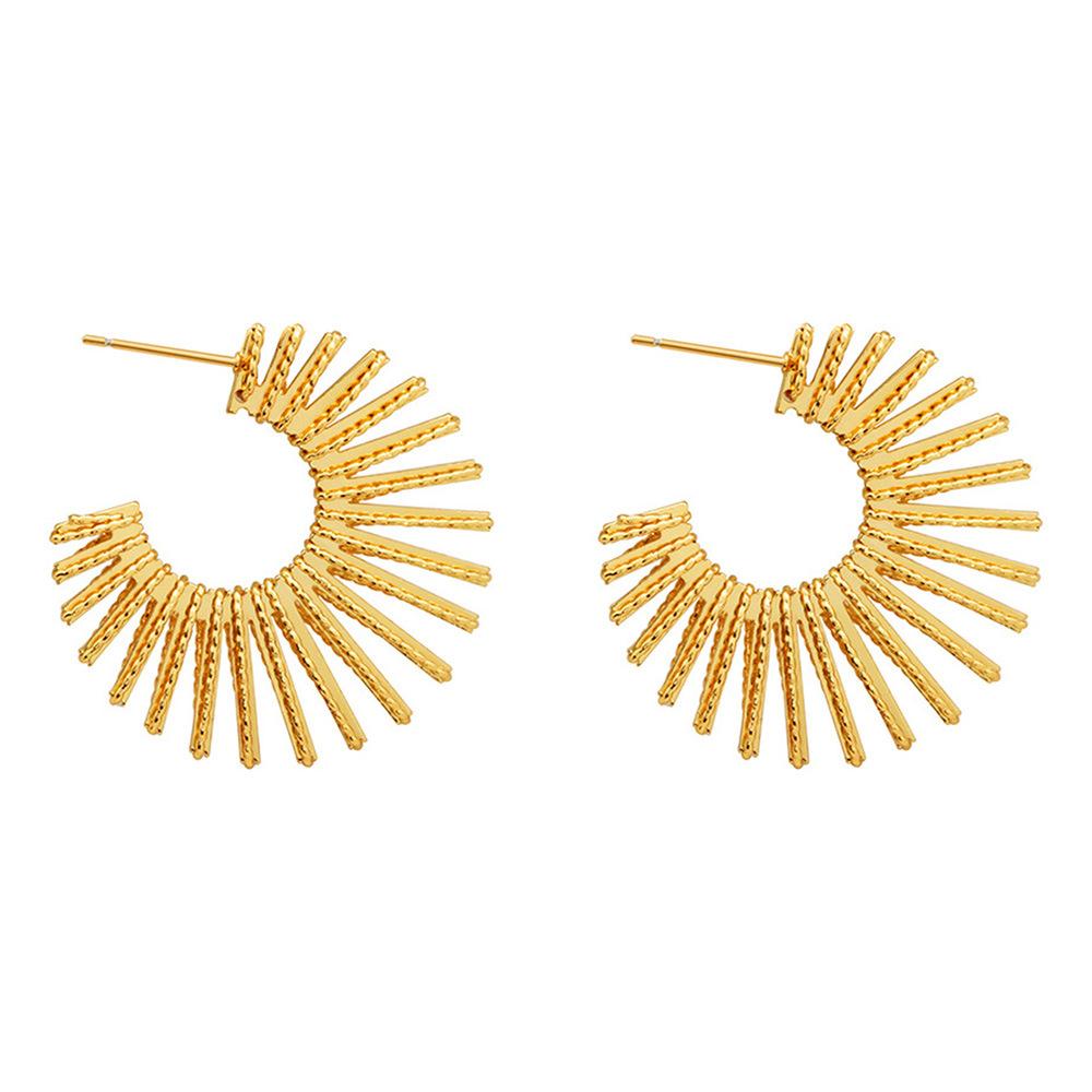 New sunflower gold and silver two-color high-end earrings, European and American style metal earrings, fan-shaped light luxury heavy industry earrings