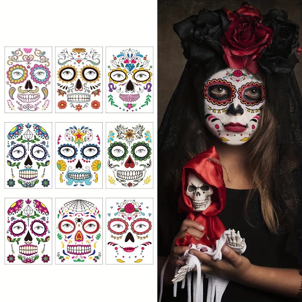 Day of The Dead Face Tattoos – Sugar Skull & Red Roses Halloween Stickers – Makeup Kit for Men & Women, Party Favors – 1 Set