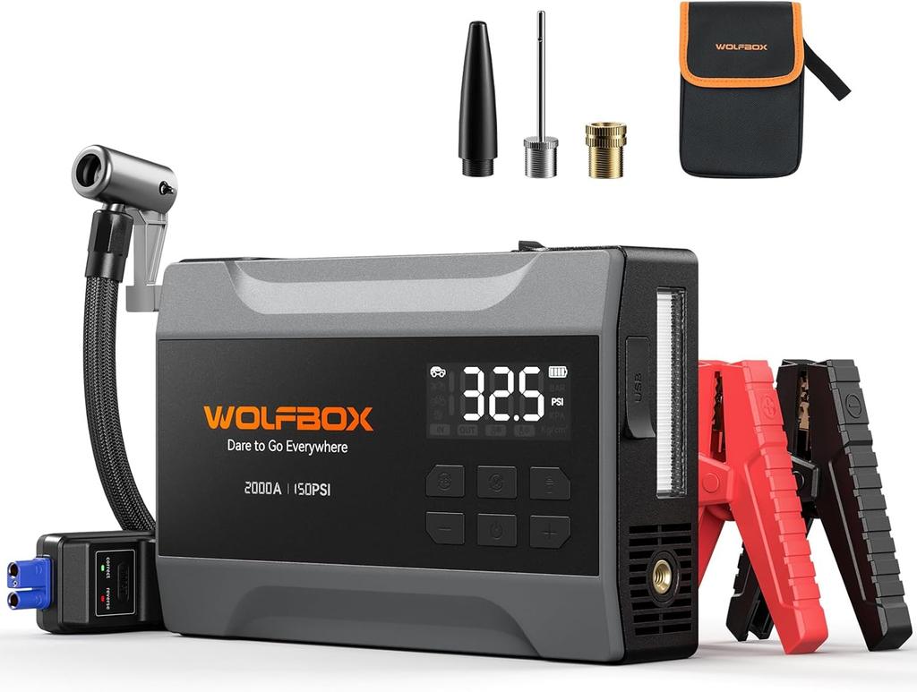 4000A Jump Starter with 160PSI Air Compressor, 12V Battery Booster, 65W Fast Charge, 24000mAh Portable Inflator, LED Display for