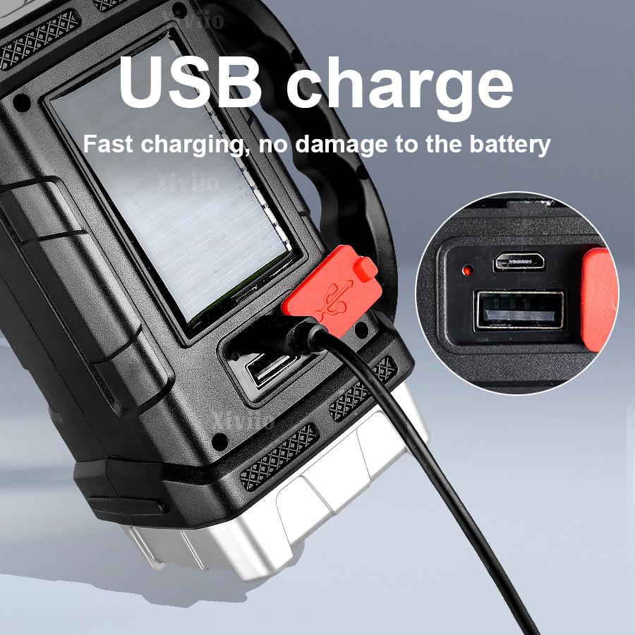 Powerful LED Flashlight USB+Solar Rechargeable Flashlight COB Outdoor Camping Torch Portable Searchlight Power Bank Outdoor