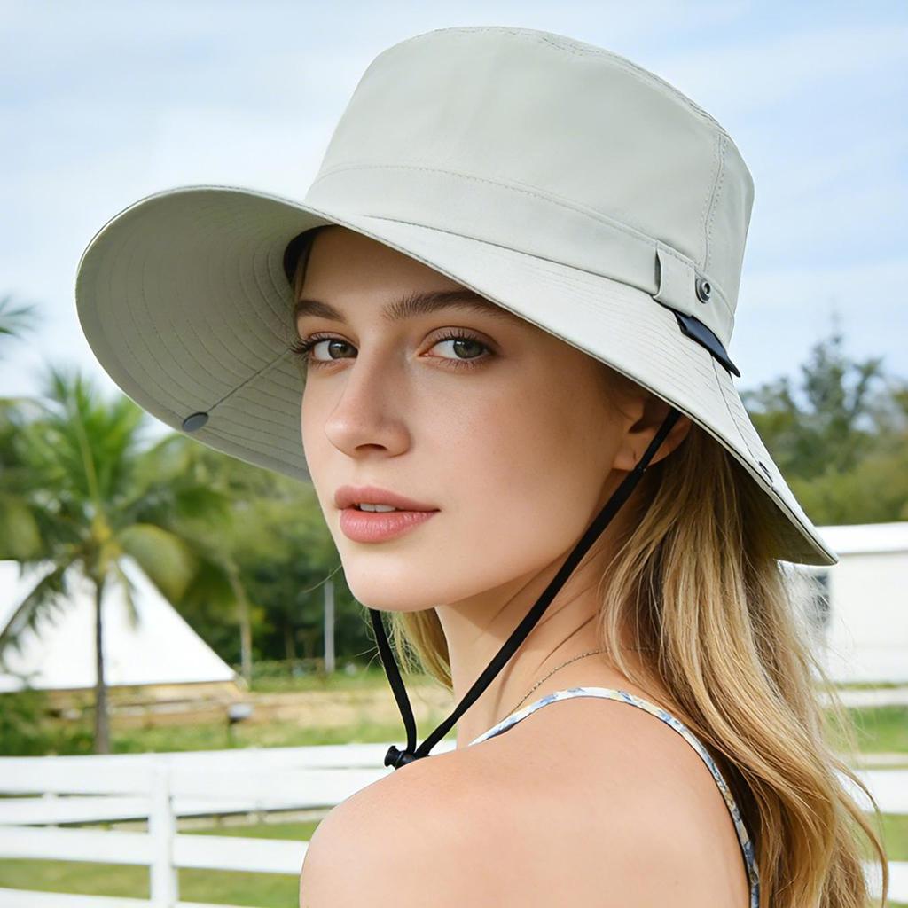 Chapeau seau de protection solaire avec mentonnière coupe-vent, Chapeau de pêche d'extérieur à large bord pour hommes femmes