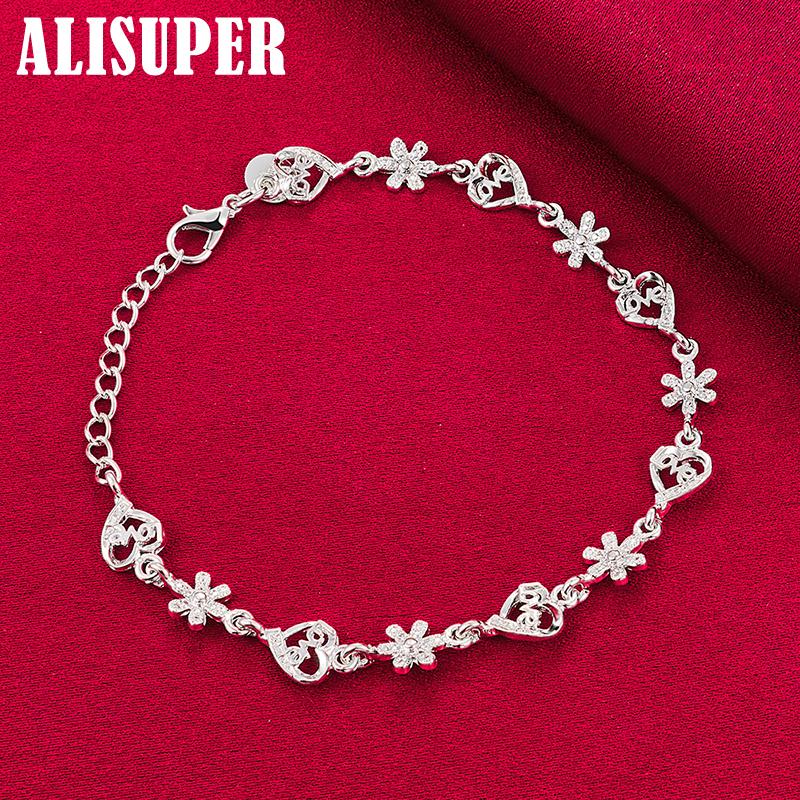 925 Sterling Silver Fashion Crystal Romantic Heart Flower Bracelet Jewelry