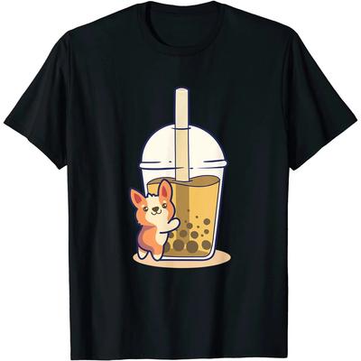 Milchtee Corgi Liebhaber Bubble Tea Bobas Kawaii Corgi T-Shirt Anime Kleidung Shirts Baumwolle Täglich Vier Jahreszeiten Niedliches Tier