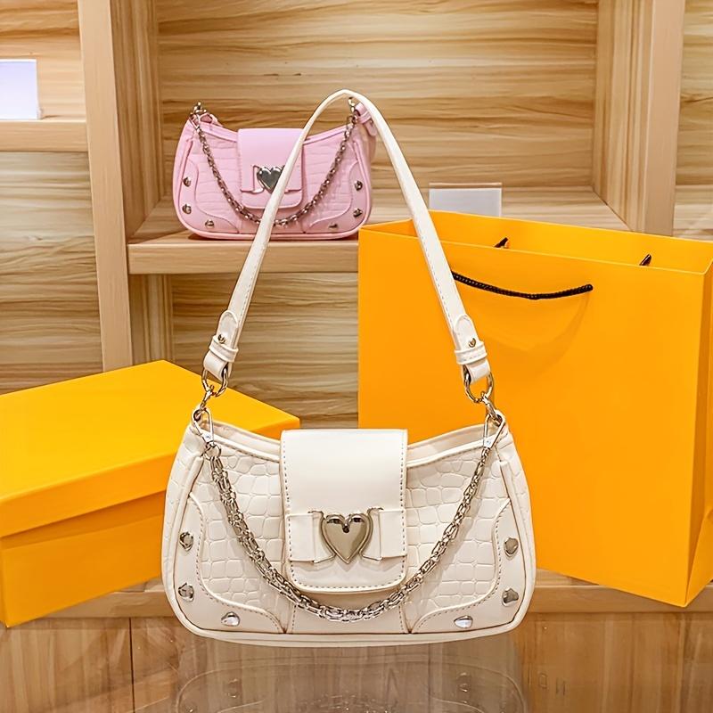 Y2K Style Sweet & Edgy Heart Decor Shoulder Bag for Women - Detachable Chain Strap, Zipper Closure, , Polyester Lining, Oil-Edged Finish