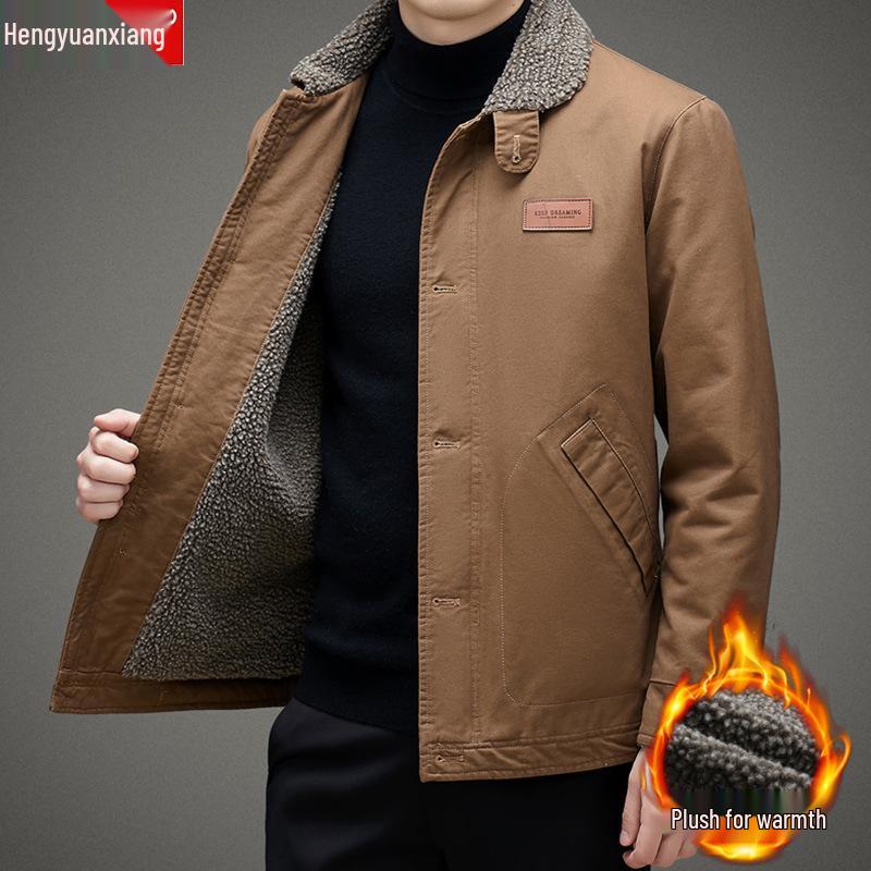 Men's Fleece-Lined Lambswool Jacket: Thick Cotton-Padded Outerwear for Autumn/Winter