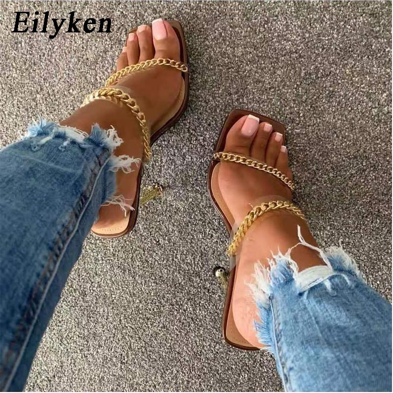 Clear PVC Transparent High Heel Slippers Summer Fashion Chain Design Slip On Square Toe Slides Women Mules Pumps