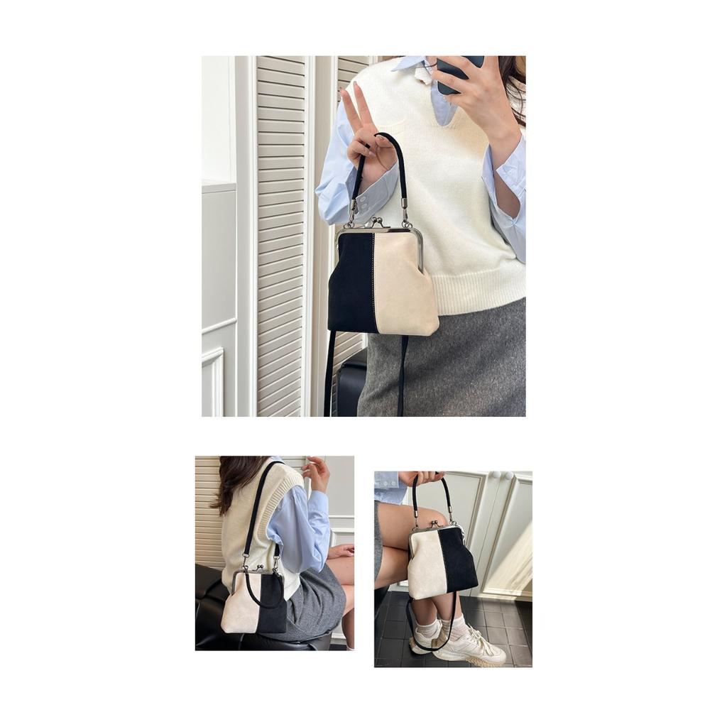 Damen Retro Crossbody-Tasche aus Wildlederimitat, Elegante Schultertasche mit Kontrastfarbe und Bügelverschluss, Abnehmbarer Schultergurt, Kleine Handtasche, Alltags-Handtasche