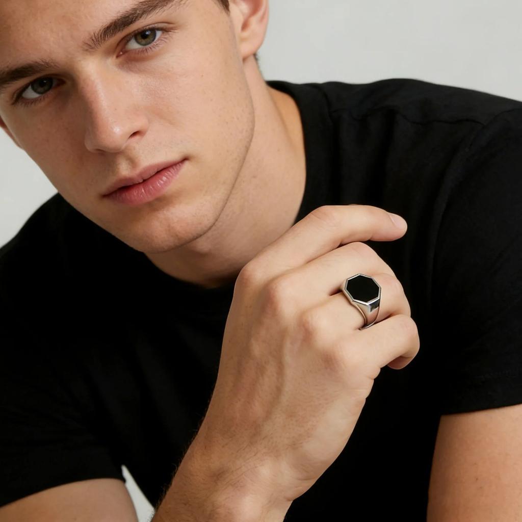 Stylish Punk Geometric Hexagon Stainless Steel Smooth Signet Ring Fashion Minimalist Jewelry for Men Him Gifts
