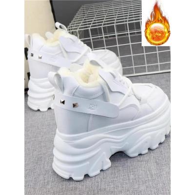 Mode Vinter Höga Läder damstövlar Platå Kilklack Sneakers Chunky Skor Dold Klack 12CM Vit Svart Dam Casual Skor