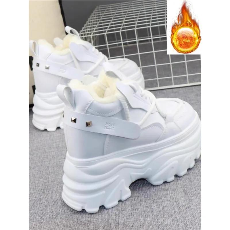 Fashion Winter High Top Leather Women Boots Platform Wedge Sneakers Chunky Shoes Hidden Heel 12CM White Black Women Casual Shoes
