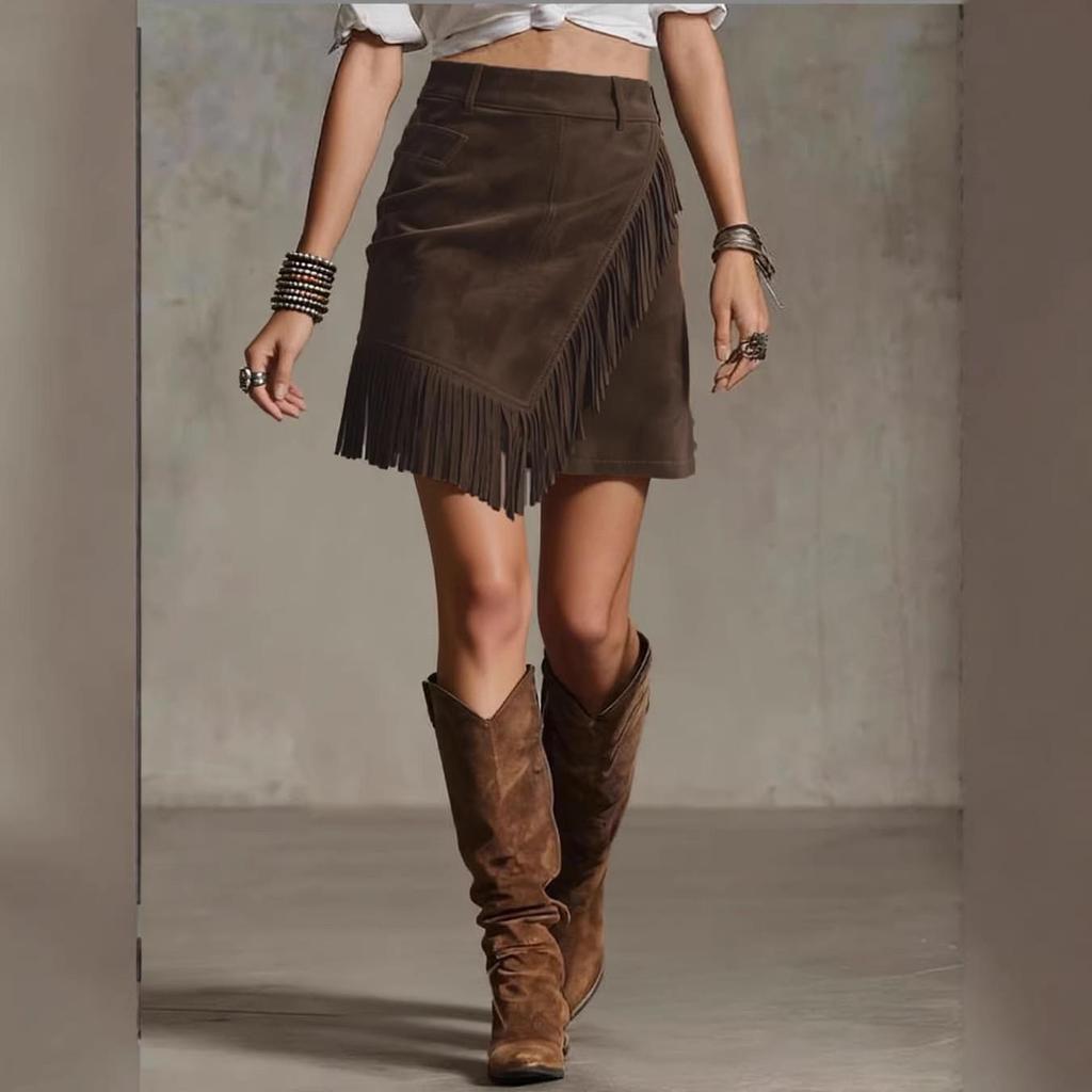 Retro Western Style Suede Asymmetrical Hem Plush Bodycon Skirt for Women
