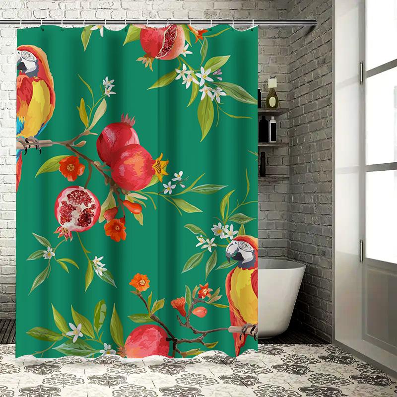 Colorful Parrot Pomegranate Waterproof Shower Curtain Green Floral Bath Decor – Extra Large Size for Home Use