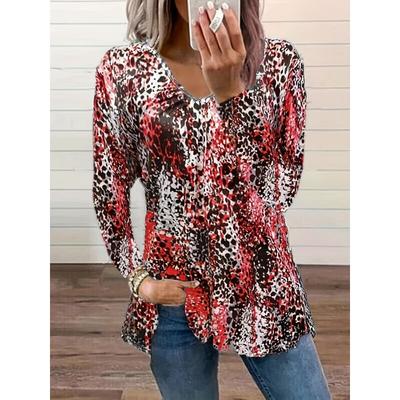 Plus Size Feminino Estampa de Leopardo Gola V Camiseta Primavera Verão Outono Casual Plus Size Manga Comprida Top Elegante Confortável
