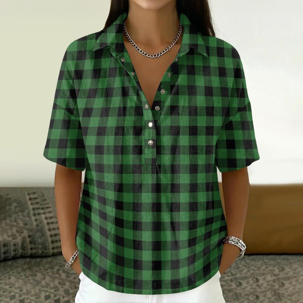 Women’s Turn Down Collar Button Up Vintage Print Short Sleeve Relaxed Fit Casual T Shirt Blouse Top for Everyday Wear