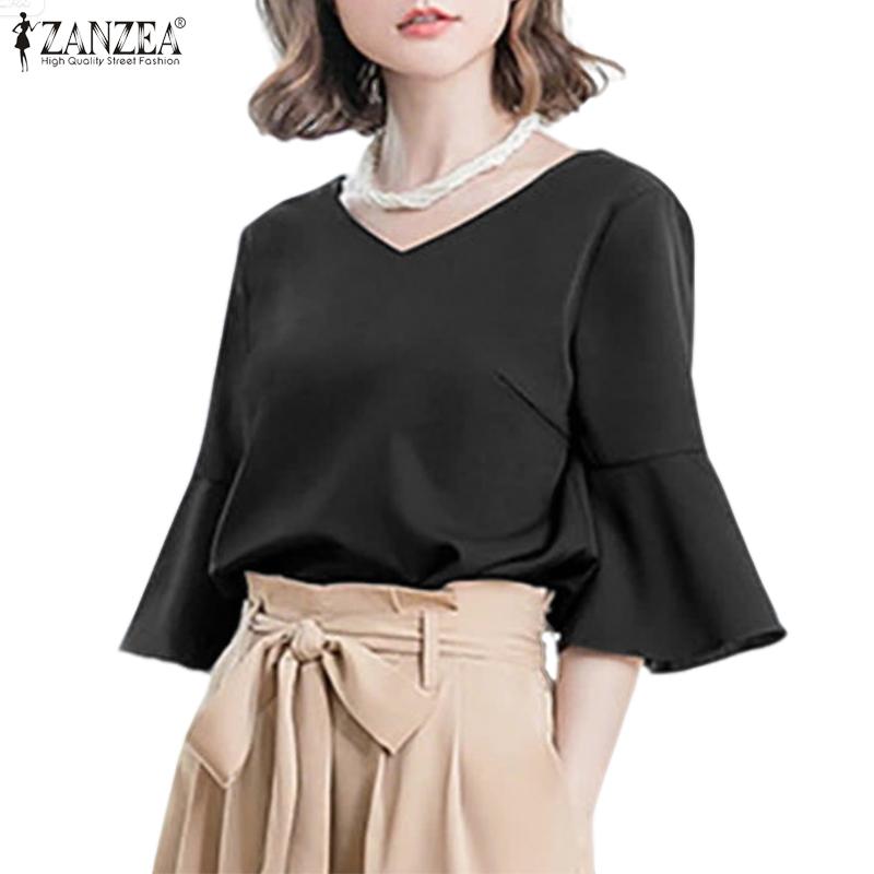 ZANZEA Women Casual V-Neck Flare 3/4 Sleeve Loose Blouse