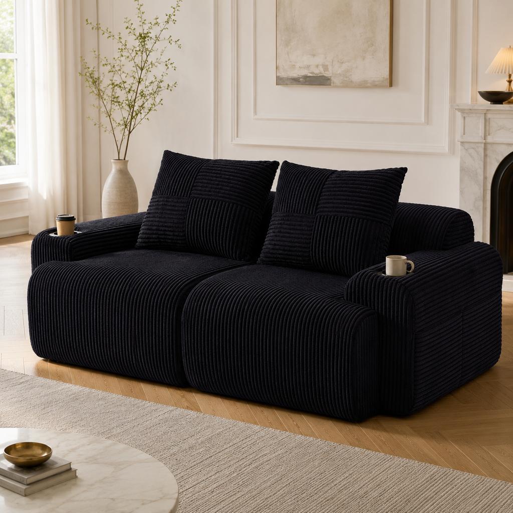 Modular Corduroy Sofa for 2 People, Vacuum-Packed, Includes Cup Holder and Side Storage Pocket. Ideal for Living Room and Family Room. Black
