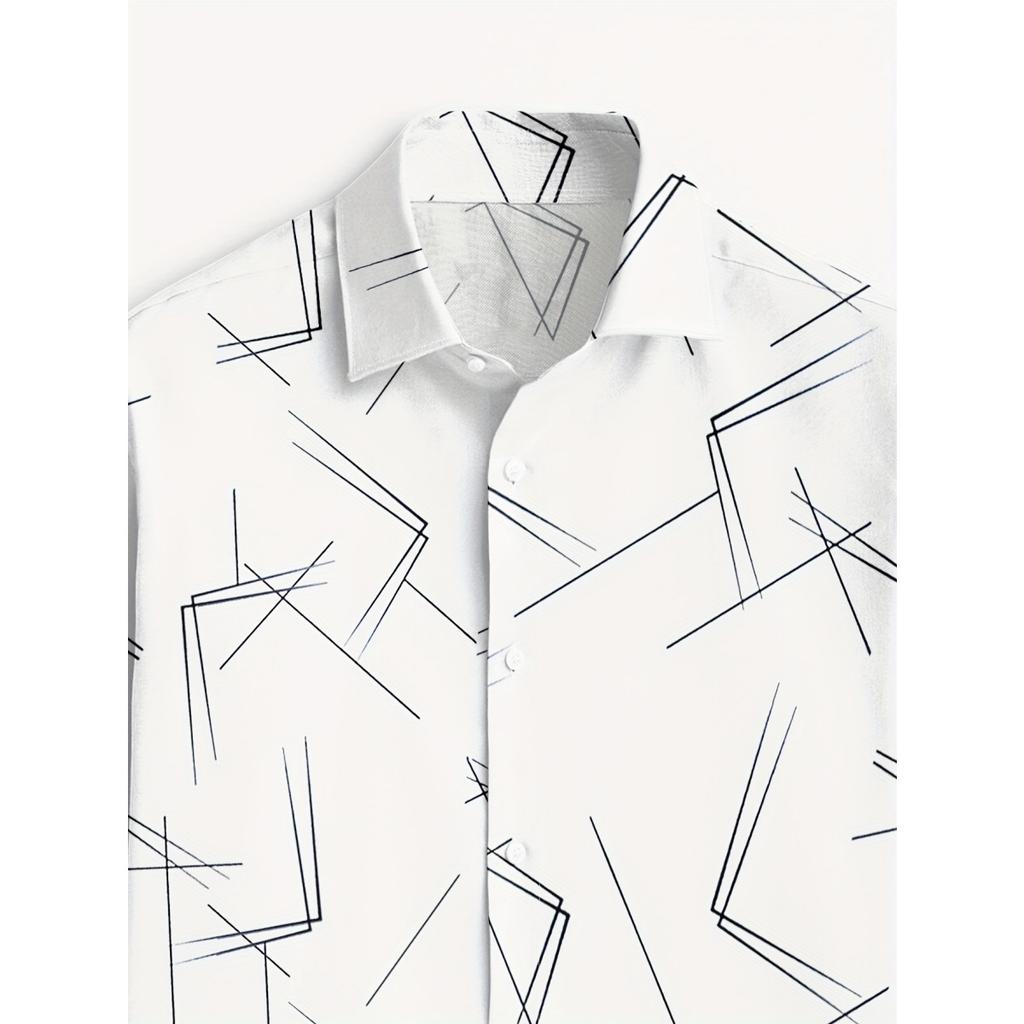 Men's Trendy Geometric 3D Line Print Long-Sleeved Shirt Men's Button up Shirt Casual Fashion Male White Shirt Lapel Shirt Tops