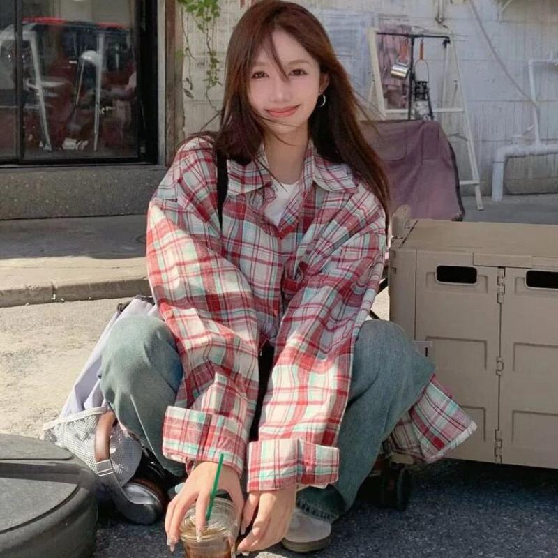 Colorful Checkered Women's Shirt Turn Down Collar Chest Pocket Long Sleeved Blouse Korean Style Spring New Version Loose Casual Woman Top