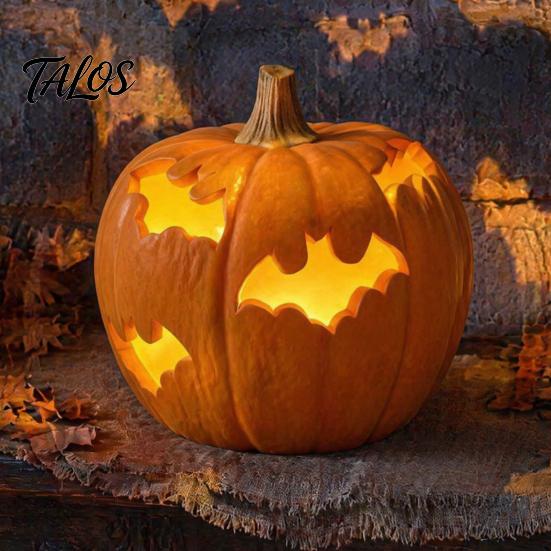 Illuminazione Notturna Atmosferica Zucca di Halloween Statuetta in Resina, Lanterna a Forma di Pipistrello Traforata con Artigianato Artistico Luce Calda, Spettrale Interno Esterno Casa Tavolo