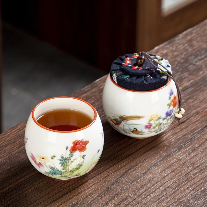 Yangzhi Jade Porcelain Shadow Green Small Tea Canister Hand-painted Landscape Non-spill Cup Kung Fu Tea Set Tea Cup