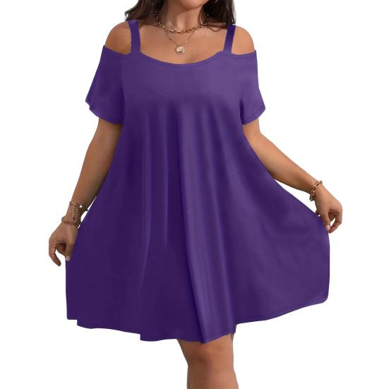 Women's Summer Off Shoulder Mini Dress Short Sleeve Flowy A-line Dress Casual Loose Beach Vacation Sundress