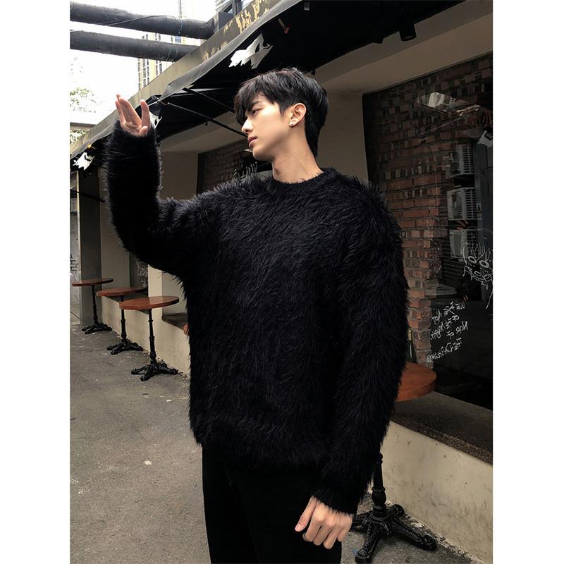 Свободный вязаный свитер в ретро-колледж стиле - Мех норки, Круглый вырез, Унисекс, Осень/Зима Large