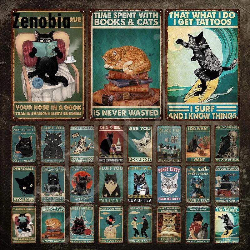 Black Cat Metal Sign Cat On Sewing Machine Funny Vintage Tin Sign Plate Animal Metal Plaque Wall Stickers for Room Decoration