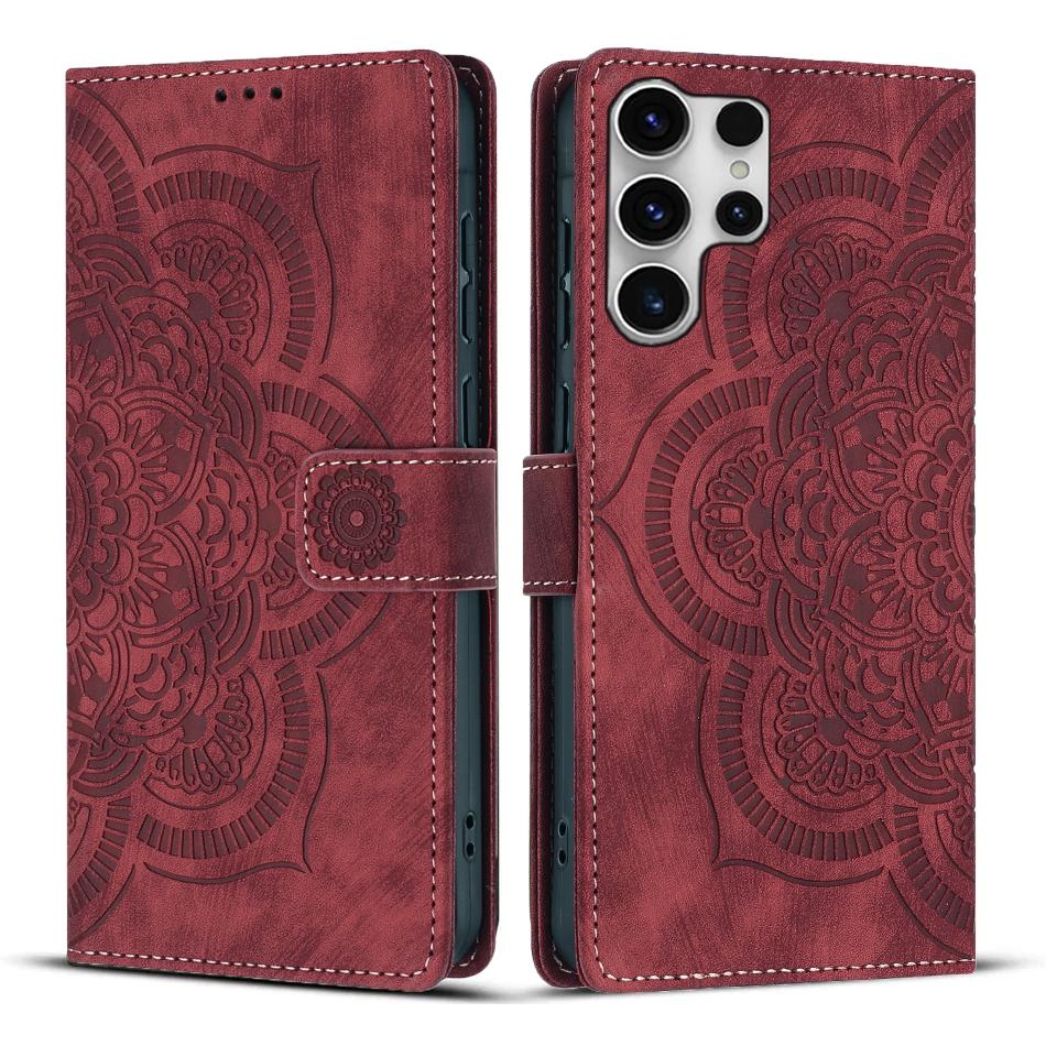 

For Samsung Galaxy S25 Ultra Leather Case WANLONFENG HDM Series Mandala Imprint Wallet Stand Phone Cover Wine Red
