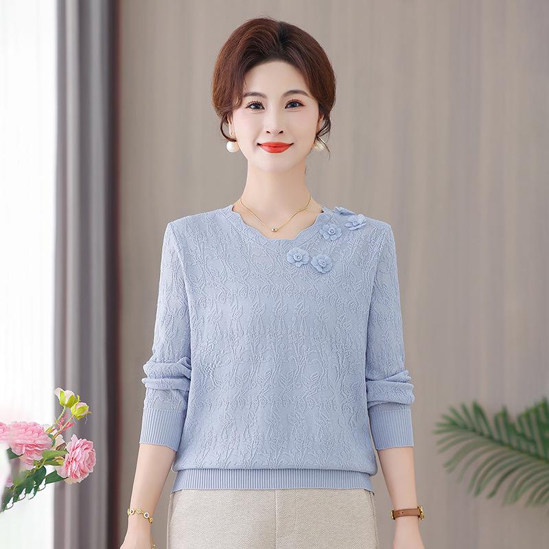 Mom's Versatile Long-Sleeve Knitted Sweater for Middle-Aged and Elderly Women - Elegant Pullover for Spring and Autumn.