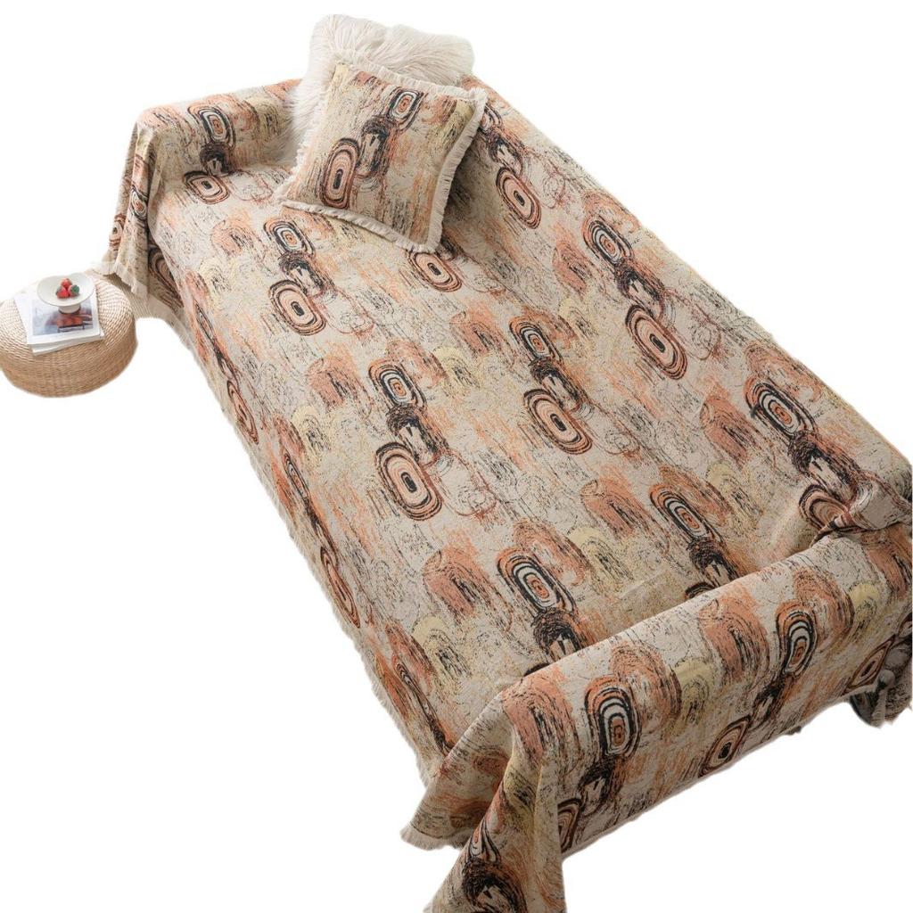 Sofa Towel Anti-cat Scratch Jacquard Coffee Annual Ring Geometric Household Tassel Thick Sofa Blanket