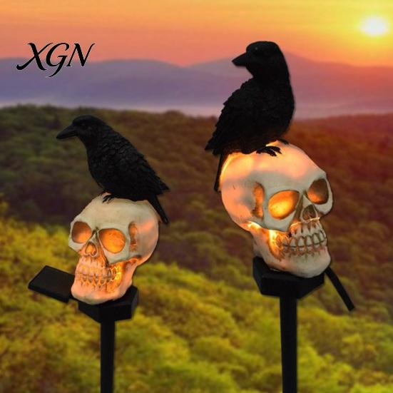 Weatherproof Solar Lights for Outside LED Crow Skull Light, Waterproof Halloween Pathway Gothic Horror Party Gifts Collectors on Skeleton Head