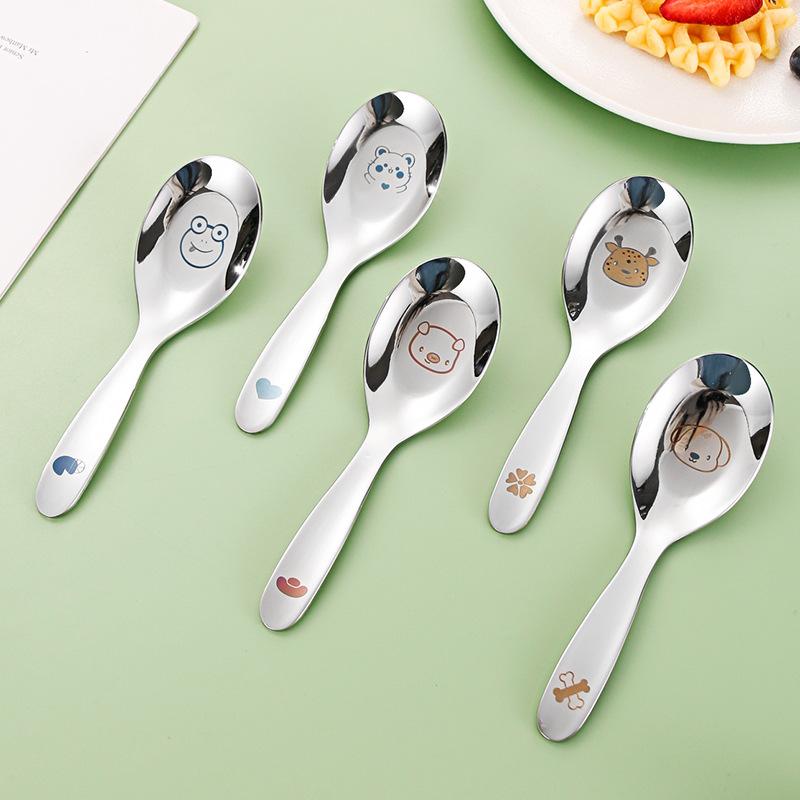 2pcs cartoon animals Baby Teaspoon Spoon Food Feeding Fork Utensils Set Stainless Steel Kids Learning Eating Habit Tableware