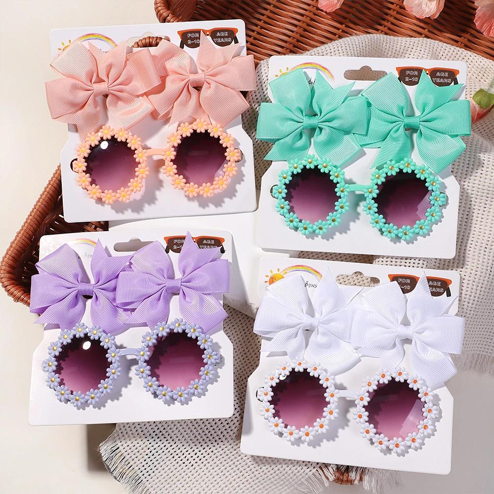 3Pcs/set Cute Girl Bow Hairclips Retro Flower Sunglasses for Kids Printing Handmade Hairgripes Kids Headwear Glasses Accessories