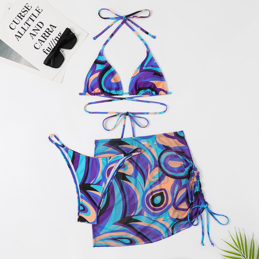 2023 Women's European and American Printed Three-Piece Lace-Up Bikini Swimsuit