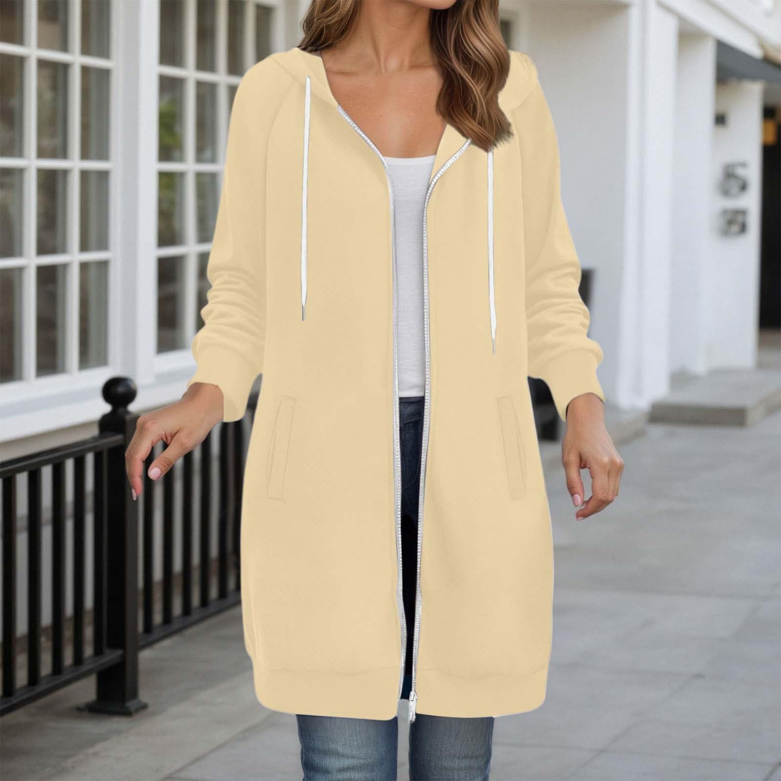 Women s Color Hooded Jacket with Pockets Long Sleeve Loose Fit Casual Long Coat L