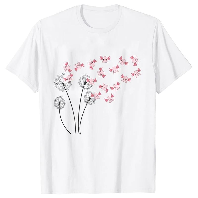 Dandelion Axolotl Flower T-shirt for Women Fashion Casual T-shirts Short Sleeve Axolotl Lover Women Tee Shirt Kawaii Clothing Shirts