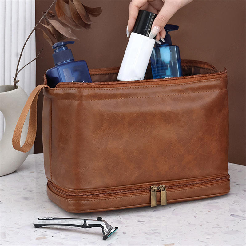 Double-Layered Toiletry Bag for Men Dad Husband Lightweight Leather Travel Shaving Kit Organizer Cosmetic Zipper Pouch
