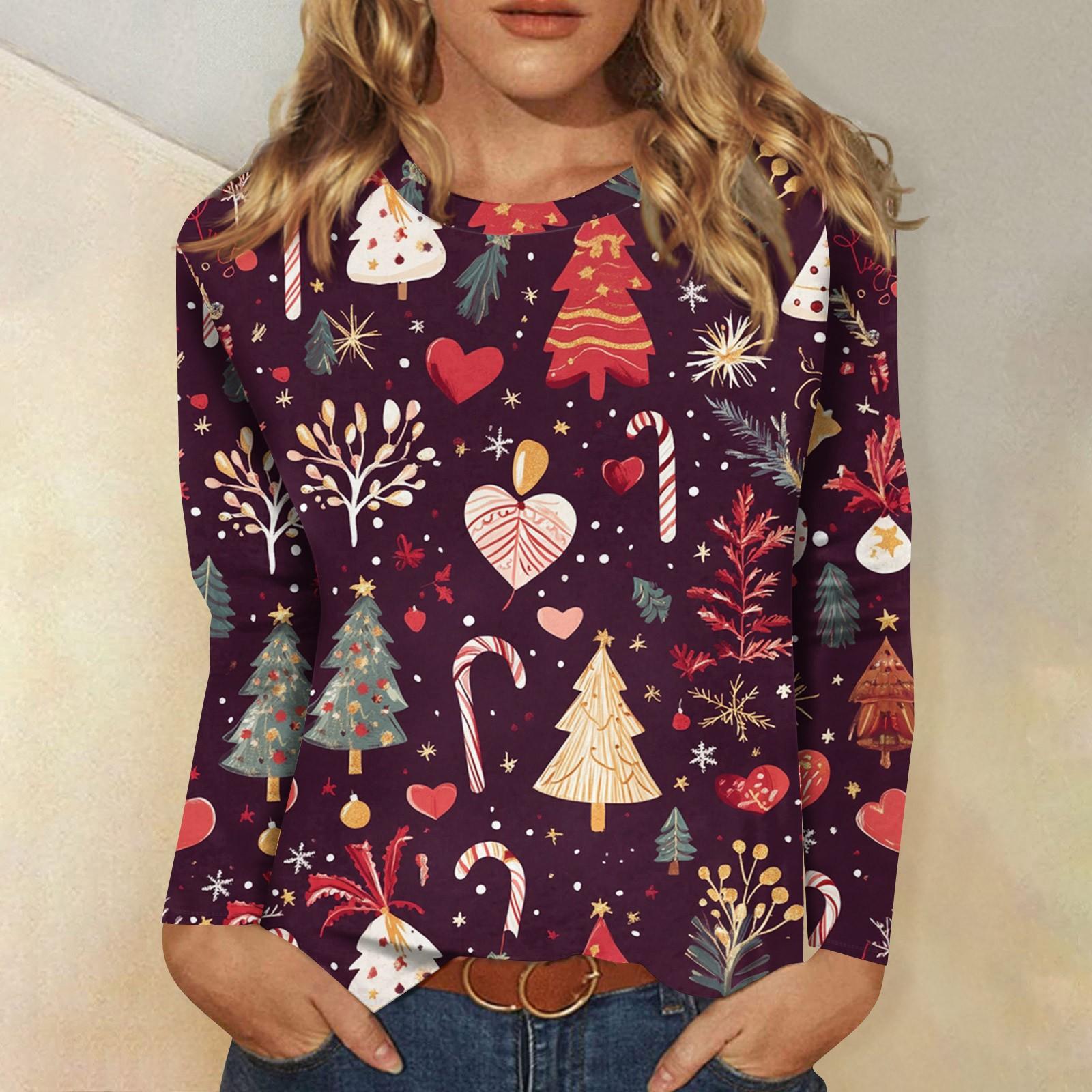 

Женская мода повседневный топ с длинным рукавом с рождественским принтом и круглым вырезом S винный
