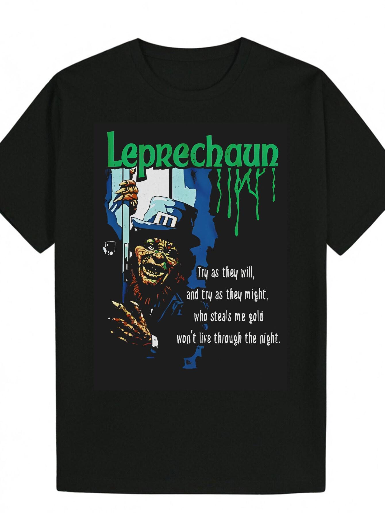 Mens Black Graphic Print Casual TShirt Summer Round Neck Tee with Vibrant Leprechaun Design Bold Typography S