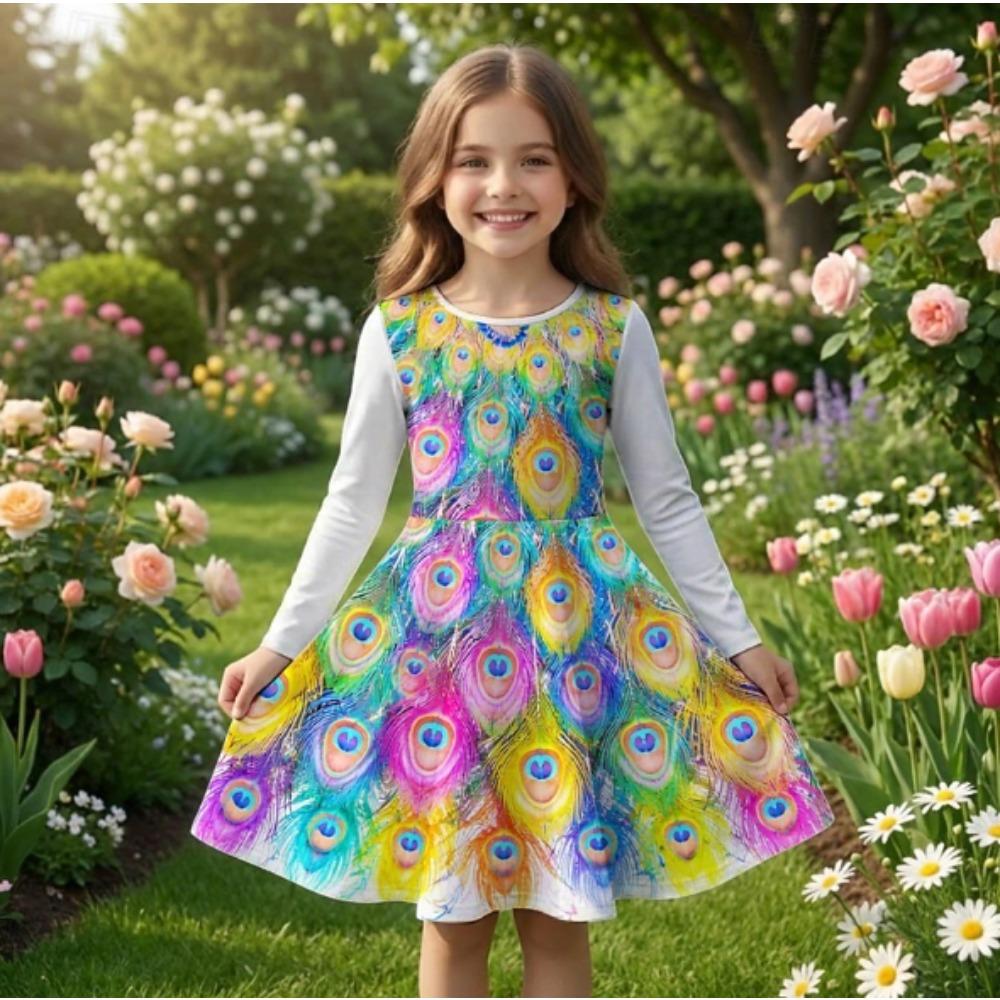 Girl Casual 3D Peacock Pattern Print Round Neck Long Sleeve Dress Kid Princess Dress 80