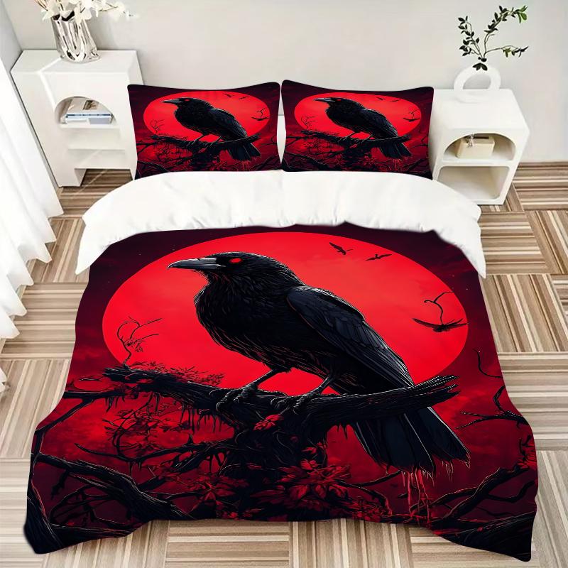 3Pcs Crows Blood Moon Bedding Set Soft Fabric Duvet Cover Pillowcases Home Christmas Xmas Halloween Gift 1 Duvet Cover 2 Pillowcase G1262