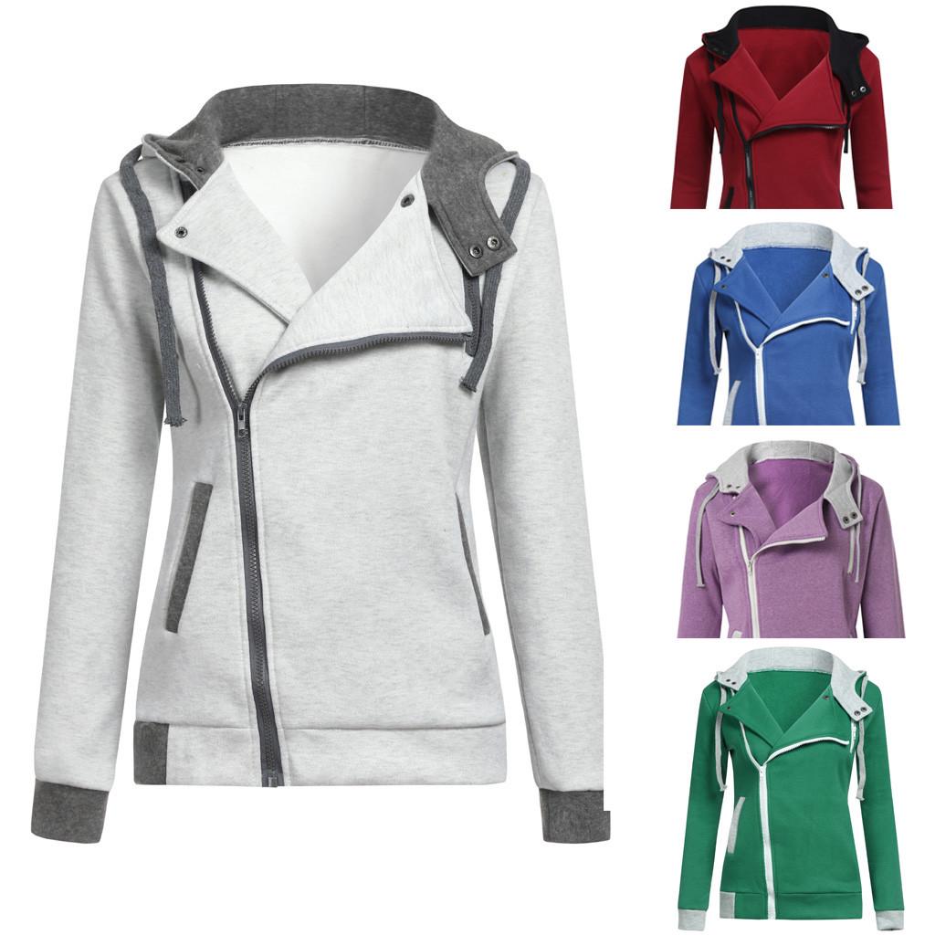 oblique color block zippers fleece hoodie