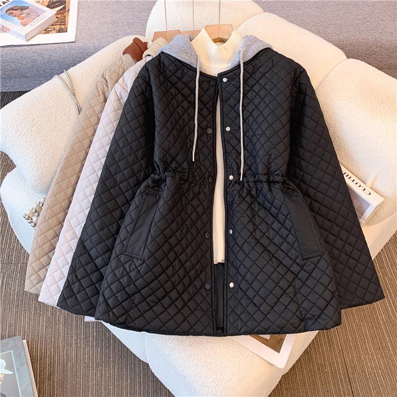 Women's Casual Hooded Coat Fashionable Colorblock Argyle Pattern Hooded Coat Drawstring Waist Zip Up Outwear with Pockets