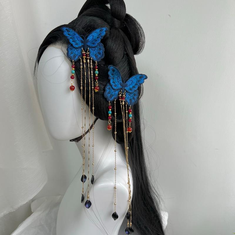 Chinese Style Embroidered Blue Butterfly Hairpin Pearl Tassel Hair Accessory Hanfu Hairpin Headwear Decoration