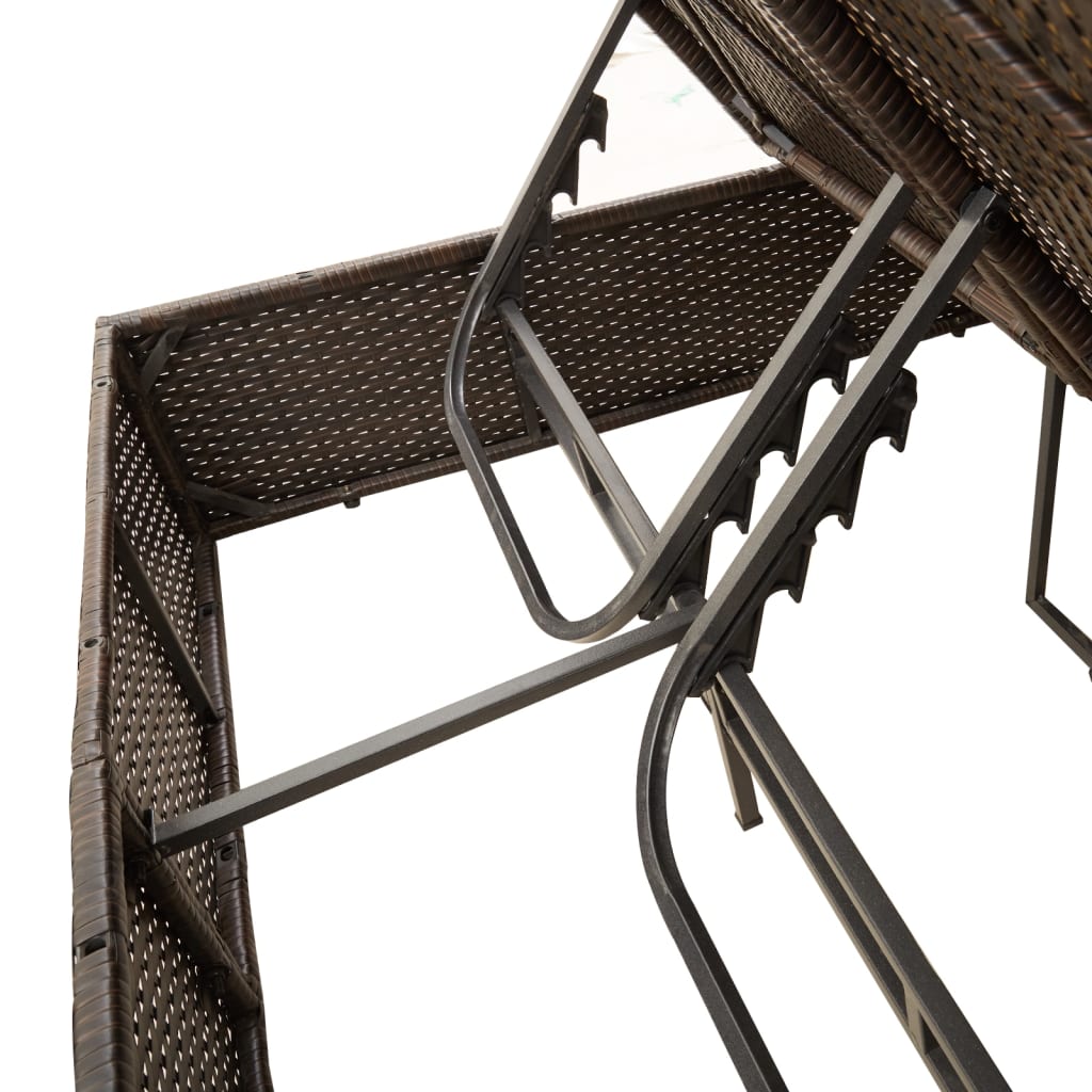 Double Sun Lounger with Cushions & Sun Umbrella Brown Poly Rattan